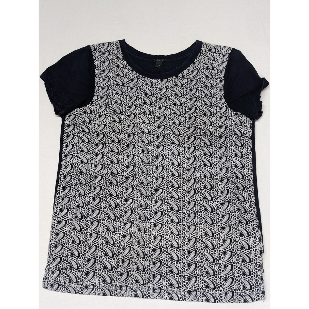 J.Crew Navy Blue Paisley Eyelet Lace Front Short Sleeve Cotton Tee Shirt A8423 S
